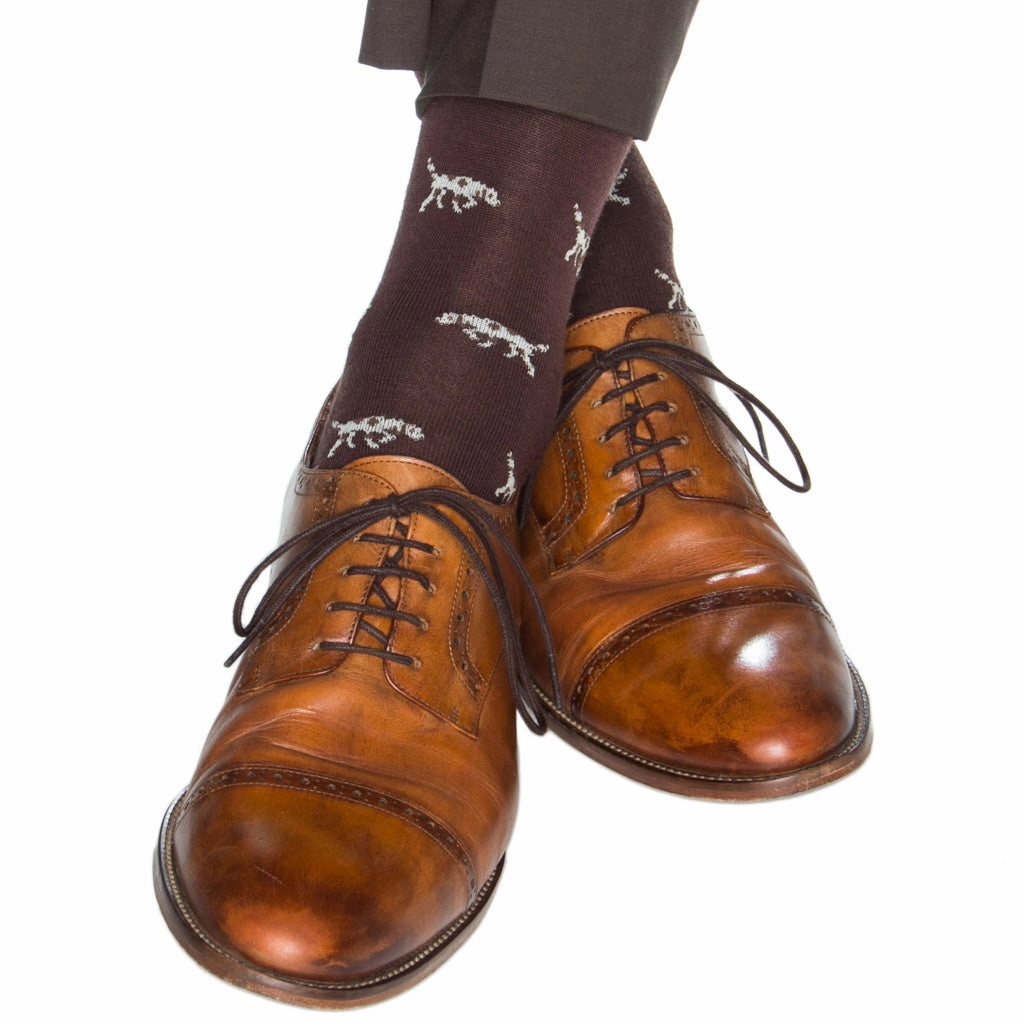 Coffee Brown with Cream Bird Dog and Brown Spots with Burnt Orange Tipping Fine Merino Wool Sock Linked Toe OTC