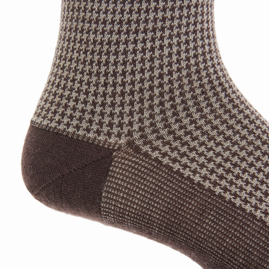Coffee Brown with Taupe Houndstooth Fine Merino Wool Sock Linked Toe Mid Calf