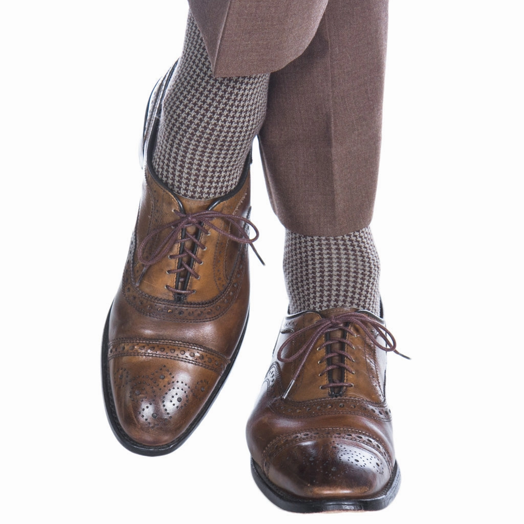 Coffee Brown with Taupe Houndstooth Fine Merino Wool Sock Linked Toe Mid Calf
