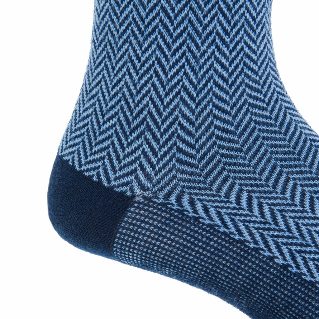 Dress Navy and Sky Blue Herringbone Fine Merino Wool Sock Mid-Calf