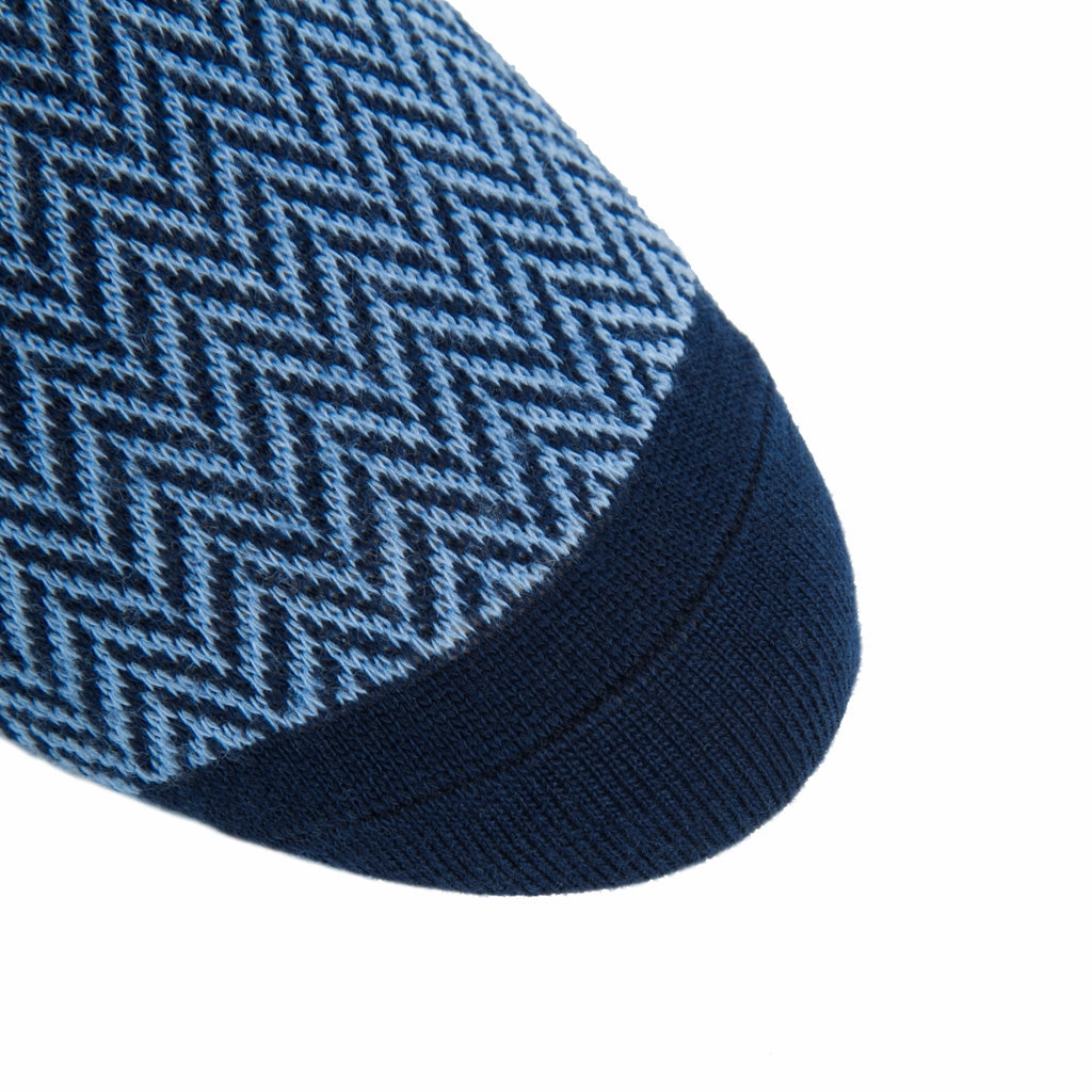 Dress Navy and Sky Blue Herringbone Fine Merino Wool Sock Mid-Calf