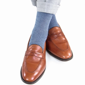 Dress Navy and Sky Blue Herringbone Fine Merino Wool Sock Mid-Calf