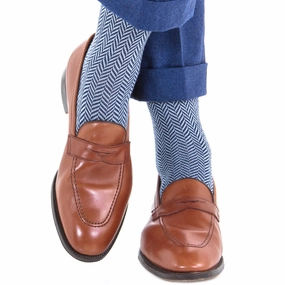 Dress Navy and Sky Blue Herringbone Fine Merino Wool Sock OTC