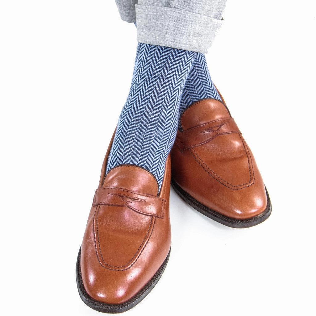 Dress Navy and Sky Blue Herringbone Fine Merino Wool Sock OTC