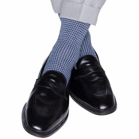 Dress Navy and Sky Blue Houndstooth Fine Merino Wool Sock Linked Toe Mid-Calf