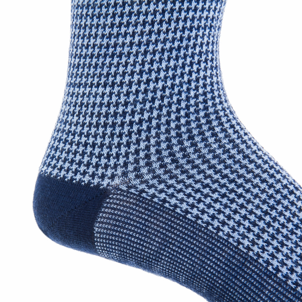 Dress Navy and Sky Blue Houndstooth Fine Merino Wool Sock Linked Toe Mid-Calf