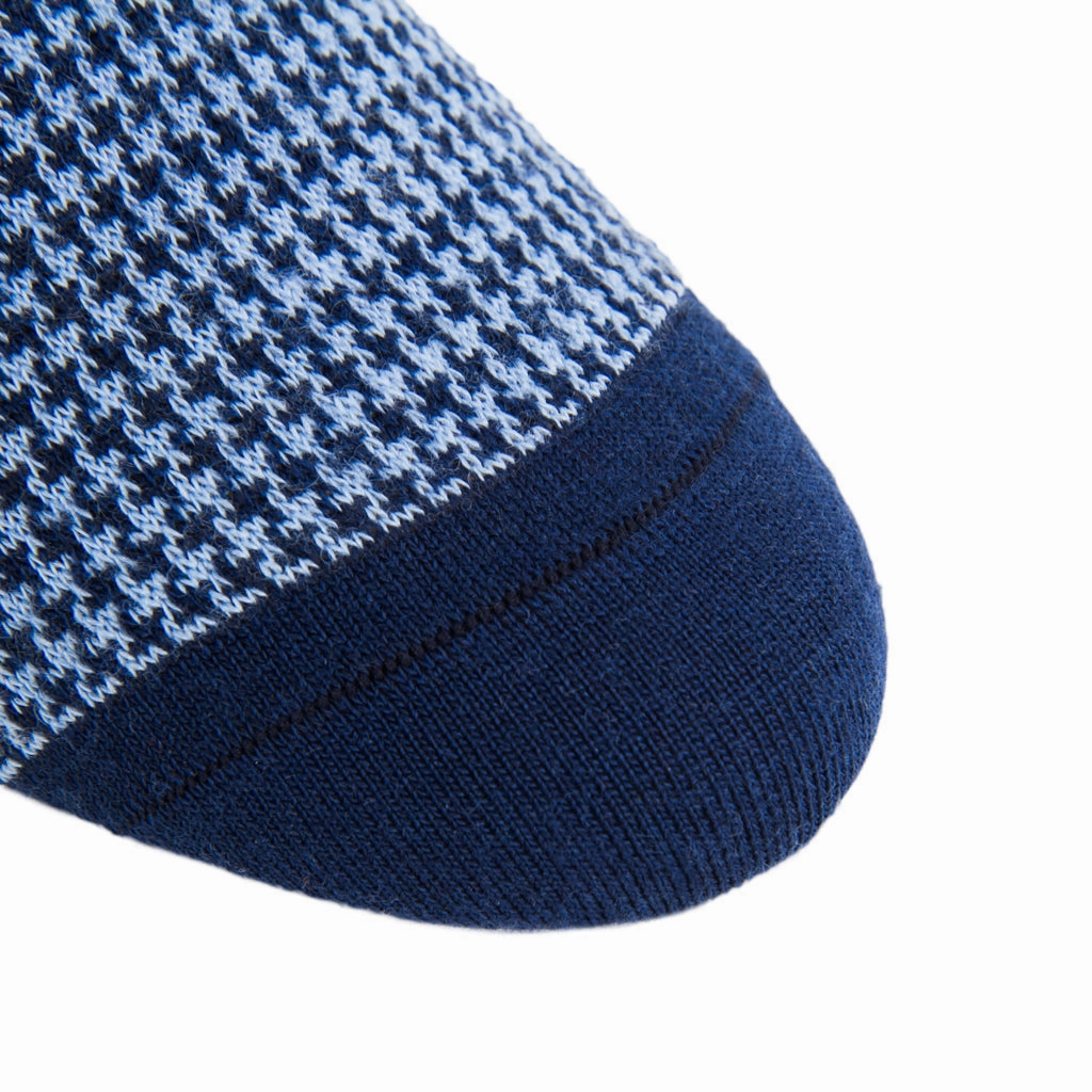 Dress Navy and Sky Blue Houndstooth Fine Merino Wool Sock Linked Toe Mid-Calf