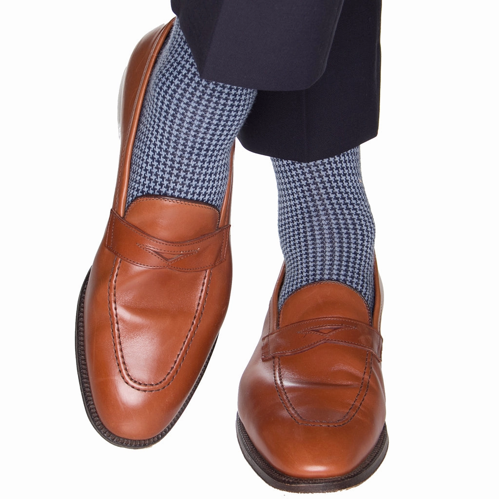 Dress Navy and Sky Blue Houndstooth Fine Merino Wool Sock Linked Toe Mid-Calf