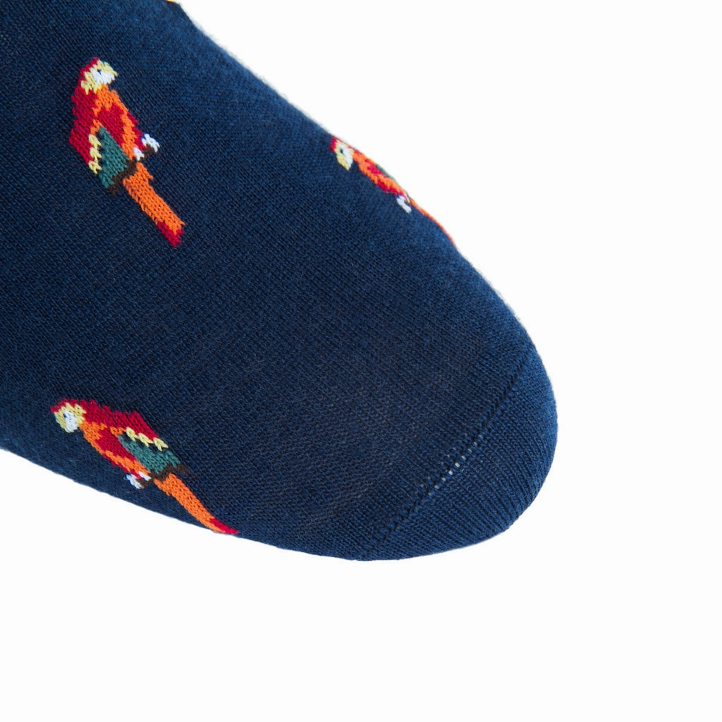 Dress Navy with Orange Red and Yellow Parrot Fine Merino Wool Sock Linked Toe Mid-Calf