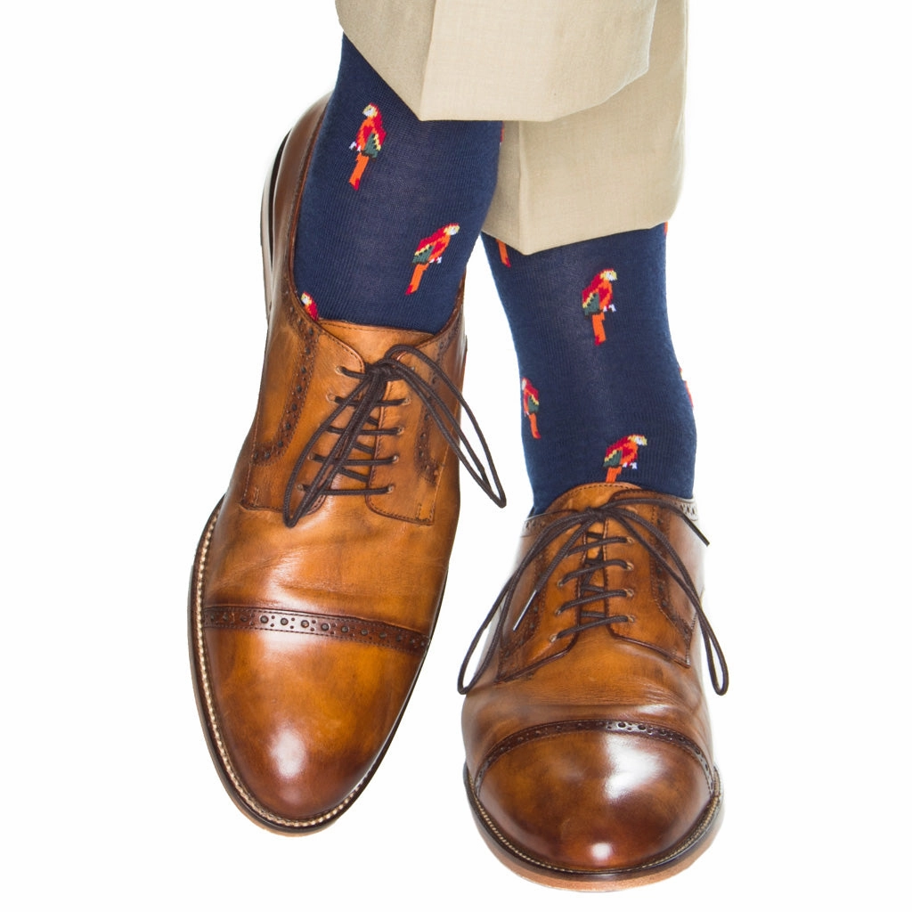 Dress Navy with Orange Red and Yellow Parrot Fine Merino Wool Sock Linked Toe Mid-Calf