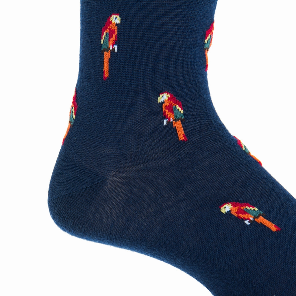 Dress Navy with Orange Red and Yellow Parrot Fine Merino Wool Sock Linked Toe Mid-Calf