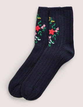 Embroidered Bed Socks-Navy