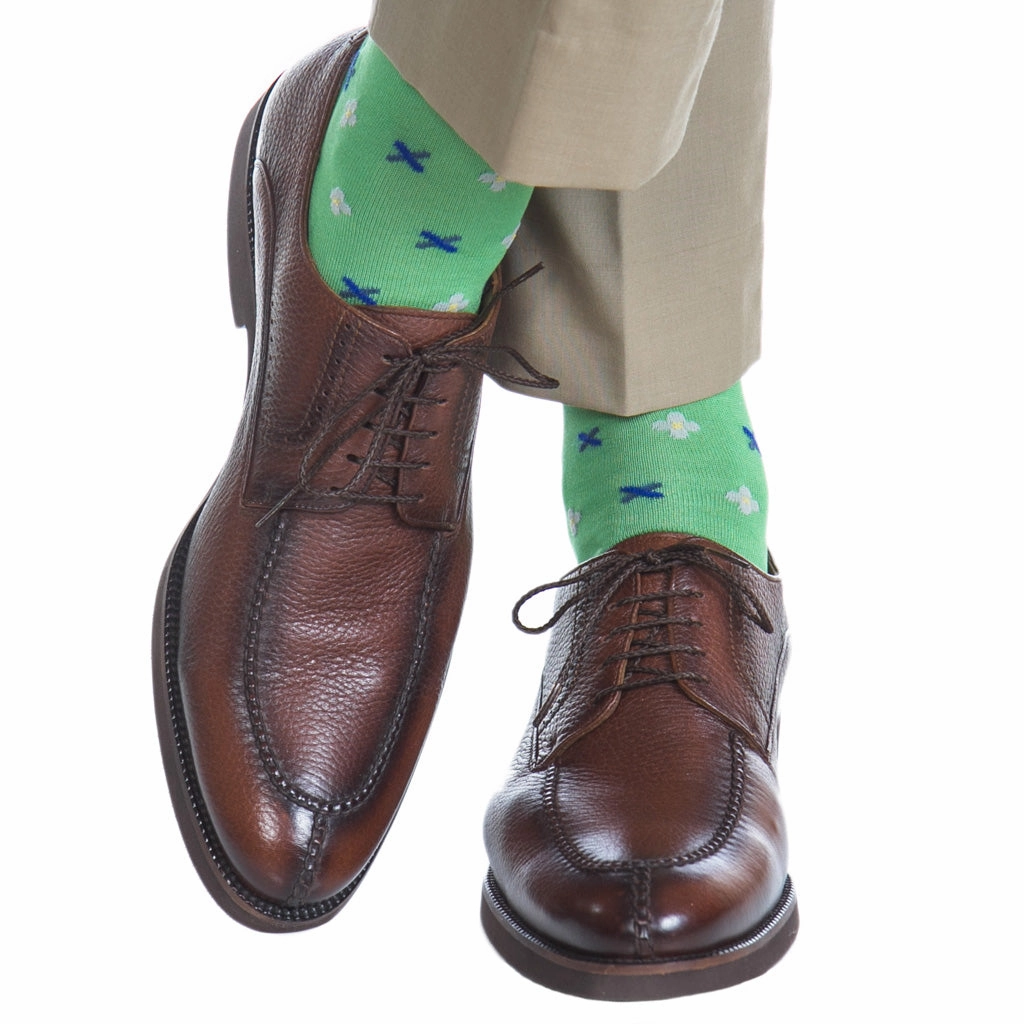 Grass Green with Indigo Blue, Clematis Blue, Pink, Yolk Flower Neat Cotton Sock Linked Toe OTC