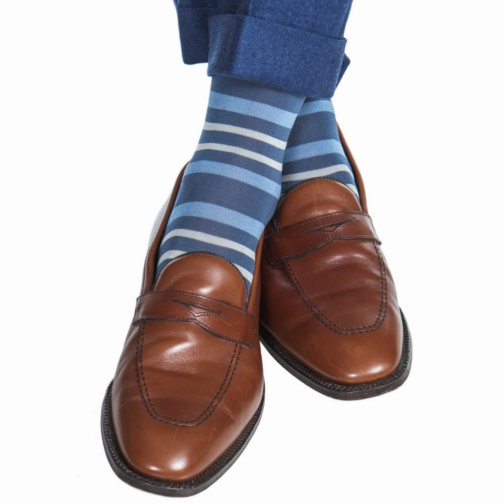 Indigo Blue with Azure Blue and Ash Double Stripe Cotton Sock Linked Toe OTC