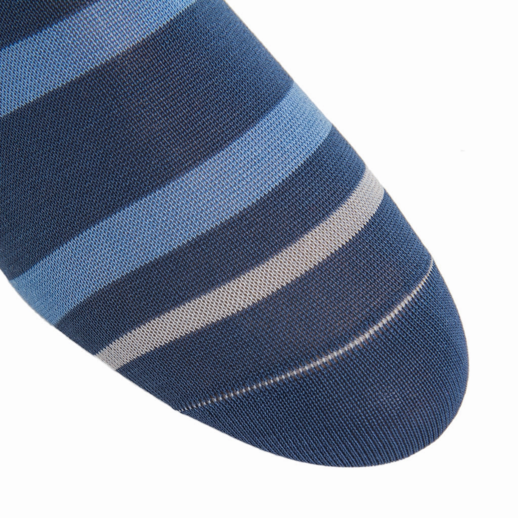 Indigo Blue with Azure Blue and Ash Double Stripe Cotton Sock Linked Toe OTC