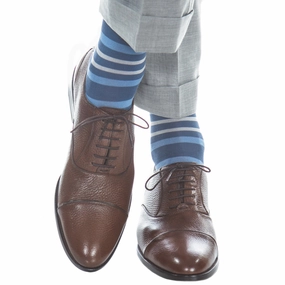 Indigo Blue with Azure Blue and Ash Double Stripe Cotton Sock Linked Toe OTC