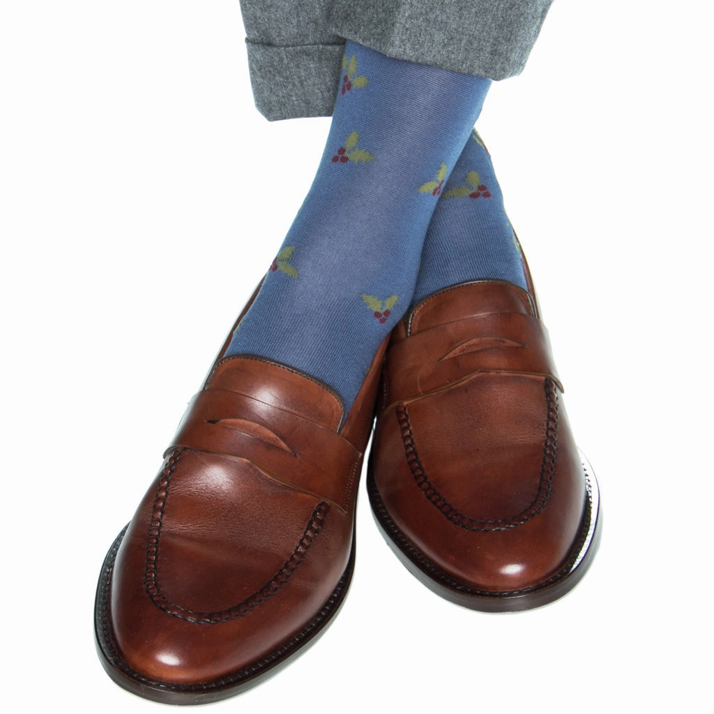 Indigo Blue with Merlot Berry and Pine Sage Holly Cotton Sock Linked Toe OTC