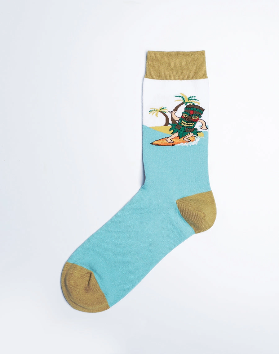 Men's Surfs Up Tiki Hawaiian Tropical Crew Socks