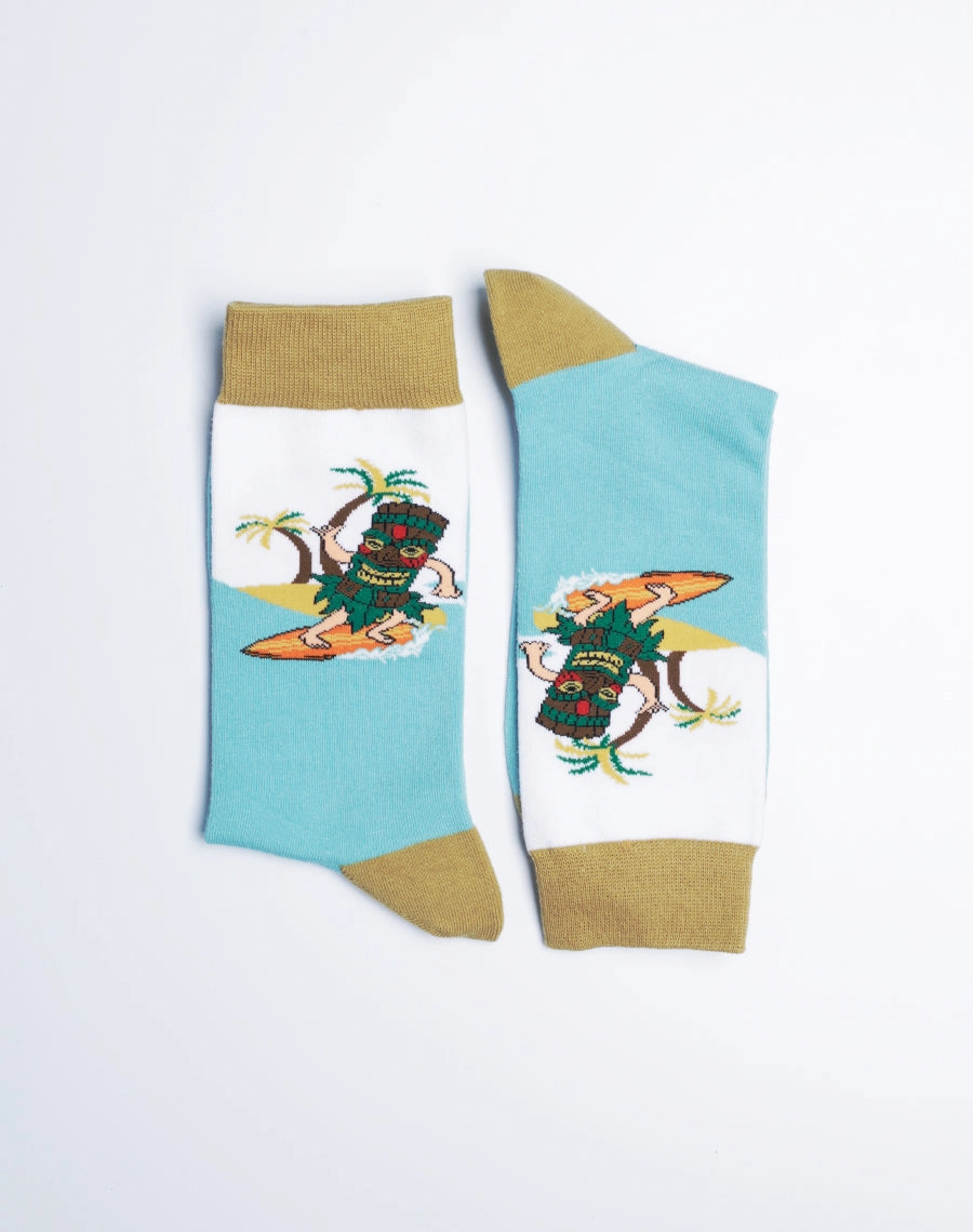 Men's Surfs Up Tiki Hawaiian Tropical Crew Socks