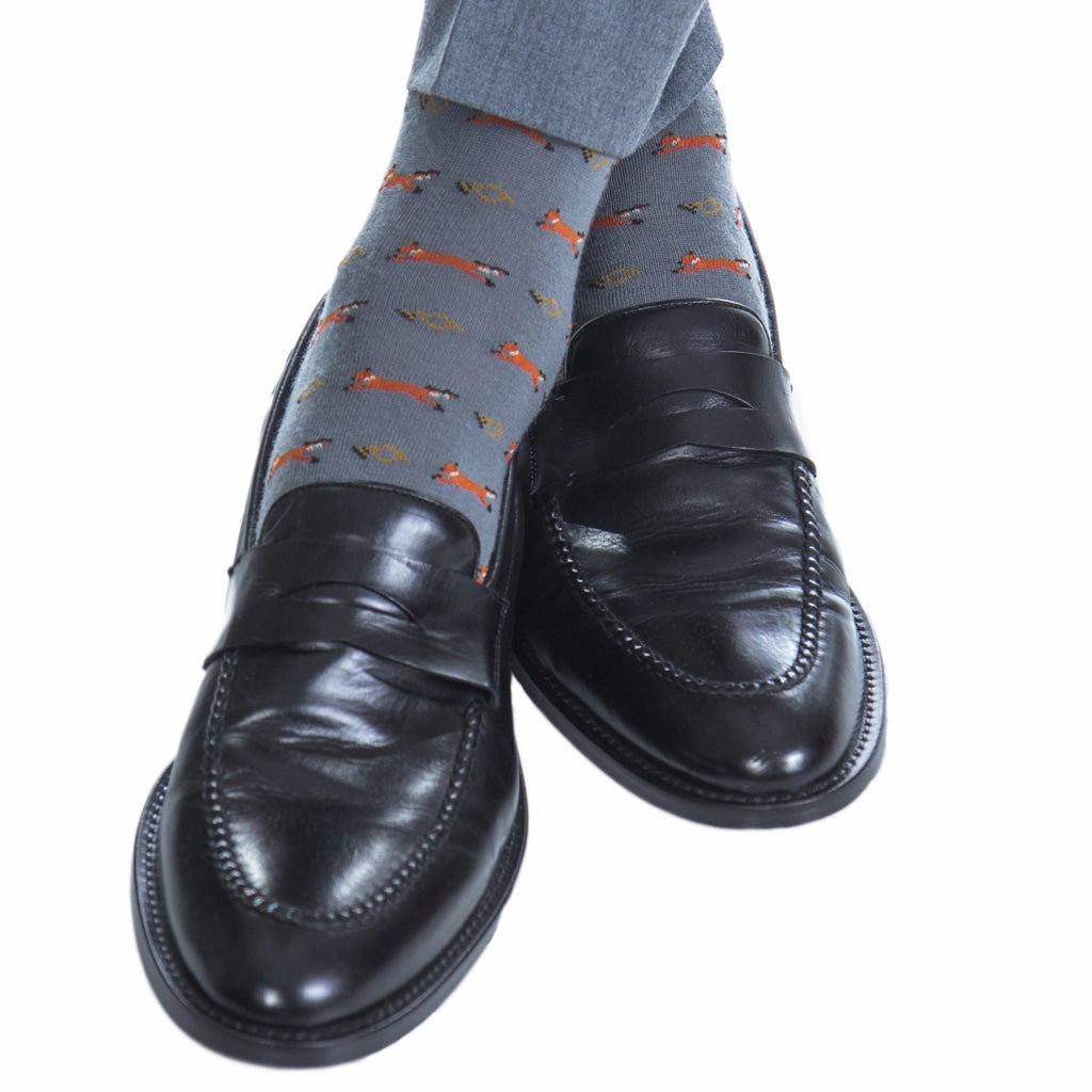Mercury Gray with Brown, Gold, and Cream Fox and Horn Wool Sock Linked Toe OTC