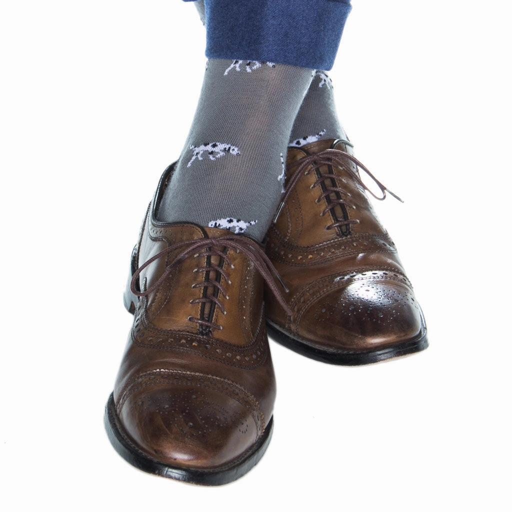 Mercury Gray with Cream Bird Dog and Black Spots with Black Tipping Fine Merino Wool Sock Linked Toe OTC