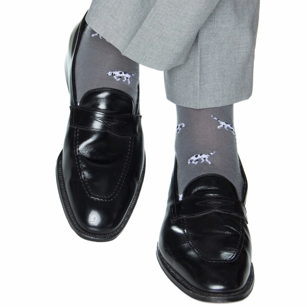 Mercury Gray with Cream Bird Dog and Black Spots with Black Tipping Fine Merino Wool Sock Linked Toe OTC