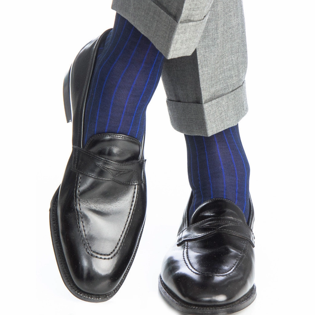 Navy with Clematis Blue Vertical Stripe Cotton Sock Linked Toe Mid-Calf