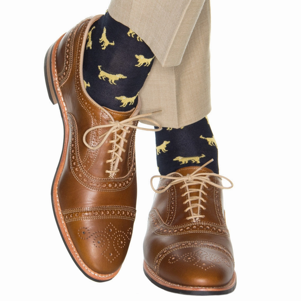 Navy with Yolk Dog Cotton Sock Linked Toe Mid-Calf