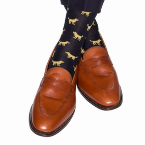 Navy with Yolk Dog Cotton Sock Linked Toe Mid-Calf