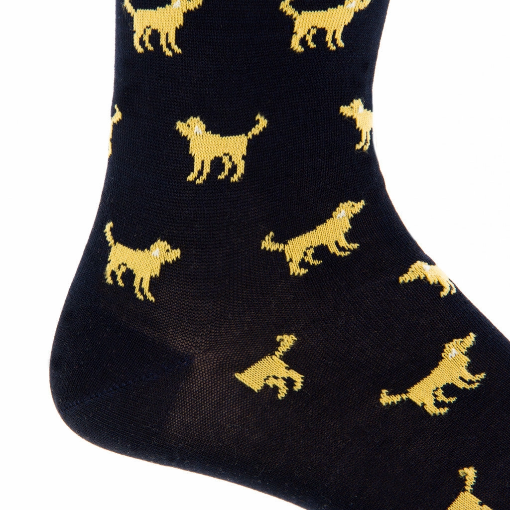 Navy with Yolk Dog Cotton Sock Linked Toe Mid-Calf