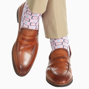 Pink with Bay Blue and Sky Blue Square and Dot Merino Wool Sock Linked Toe OTC