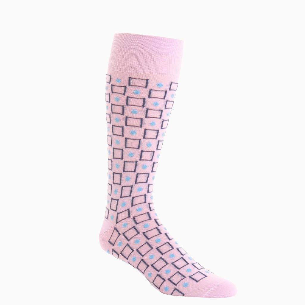 Pink with Bay Blue and Sky Blue Square and Dot Merino Wool Sock Linked Toe OTC