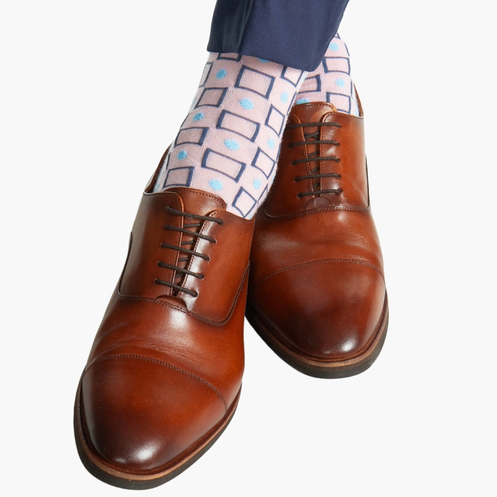 Pink with Bay Blue and Sky Blue Square and Dot Merino Wool Sock Linked Toe OTC