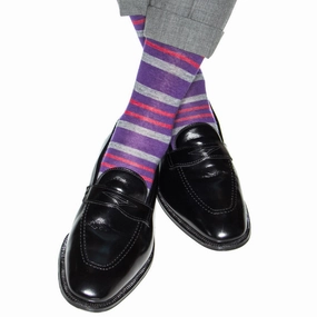 Purple with Gray and Burgundy Double Stripe Fine Merino Wool Sock Linked Toe Mid-Calf