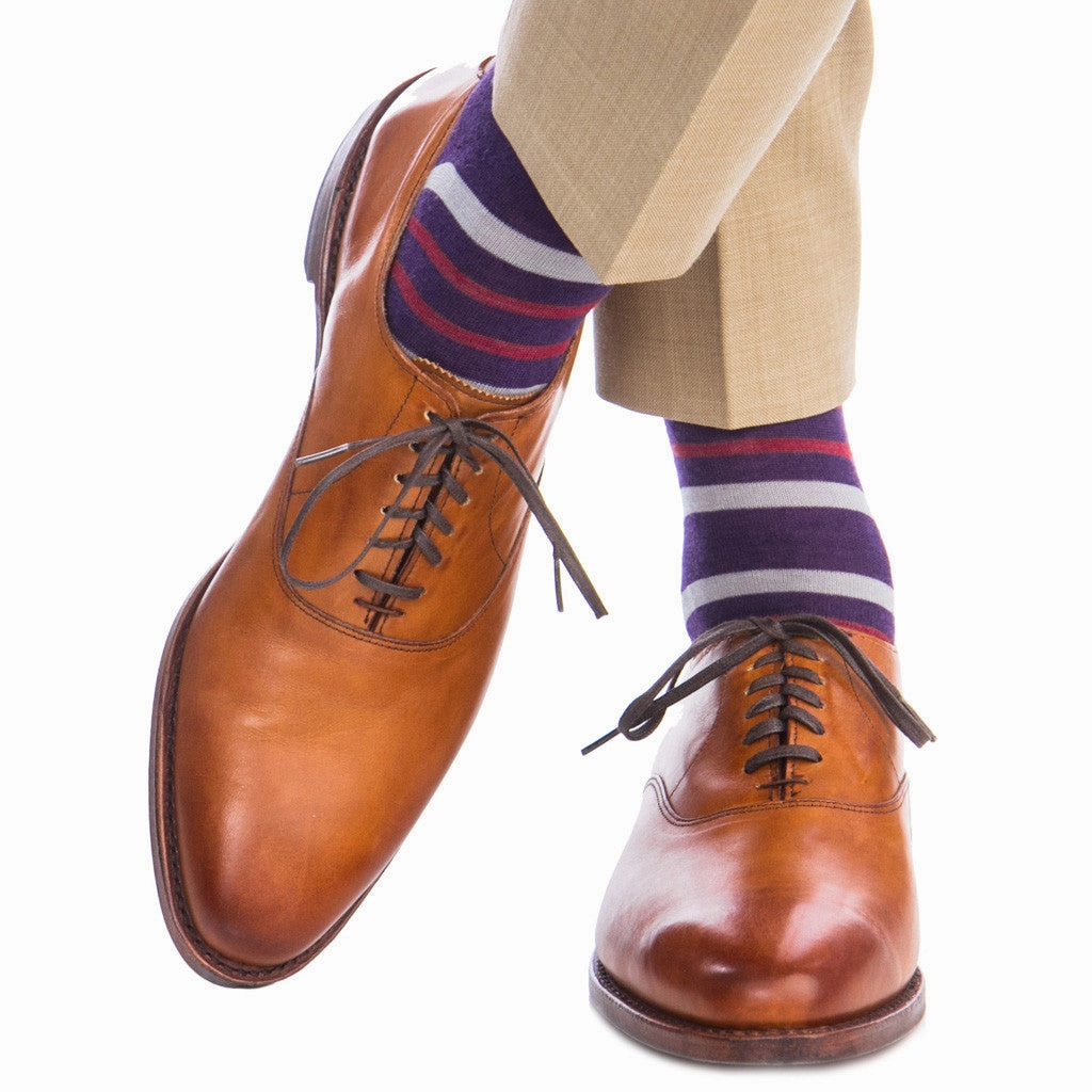 Purple with Gray and Burgundy Double Stripe Fine Merino Wool Sock Linked Toe Mid-Calf