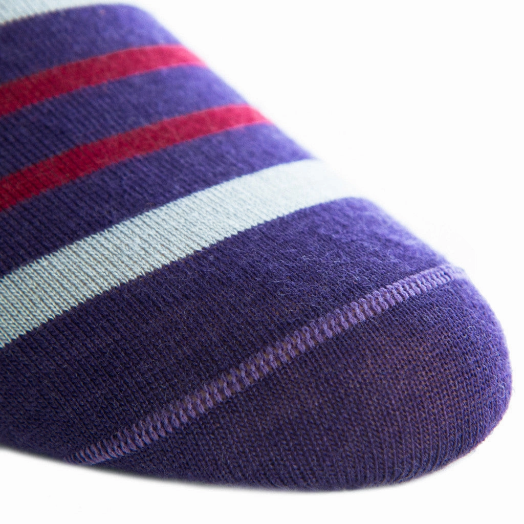 Purple with Gray and Burgundy Double Stripe Fine Merino Wool Sock Linked Toe Mid-Calf