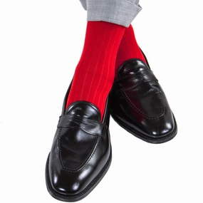 Red Solid Ribbed Cotton Sock Linked Toe Mid-Calf