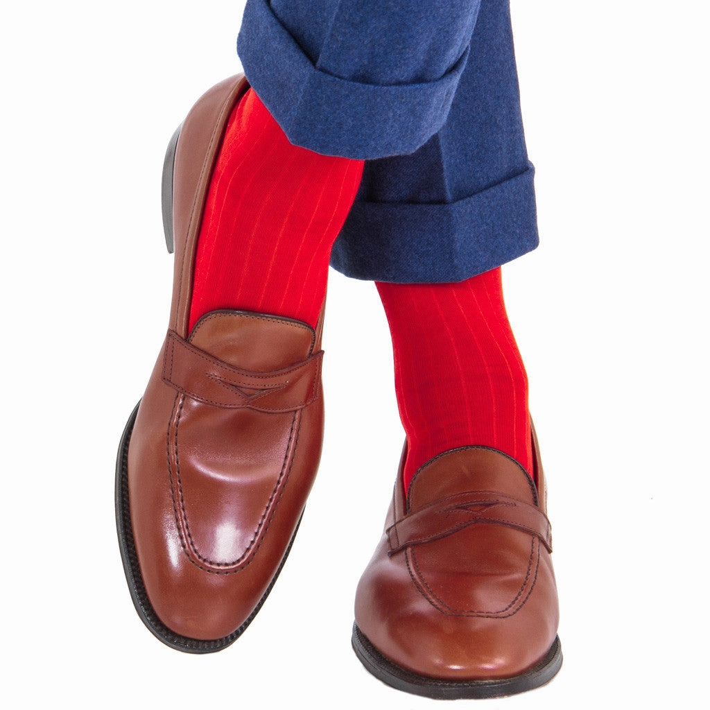 Red Solid Ribbed Cotton Sock Linked Toe Mid-Calf