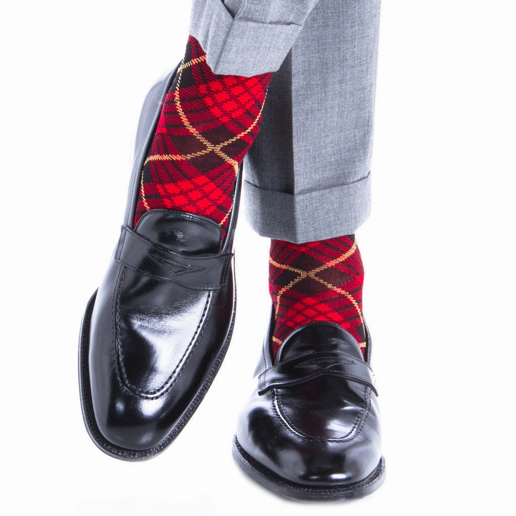 Red with Black and Yellow Tartan Cotton Sock Linked Toe Mid-Calf