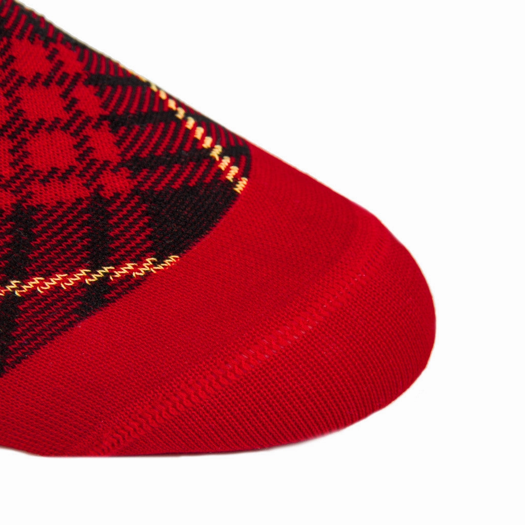 Red with Black and Yellow Tartan Cotton Sock Linked Toe Mid-Calf