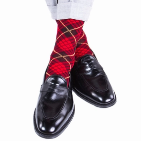 Red with Black and Yellow Tartan Cotton Sock Linked Toe Mid-Calf