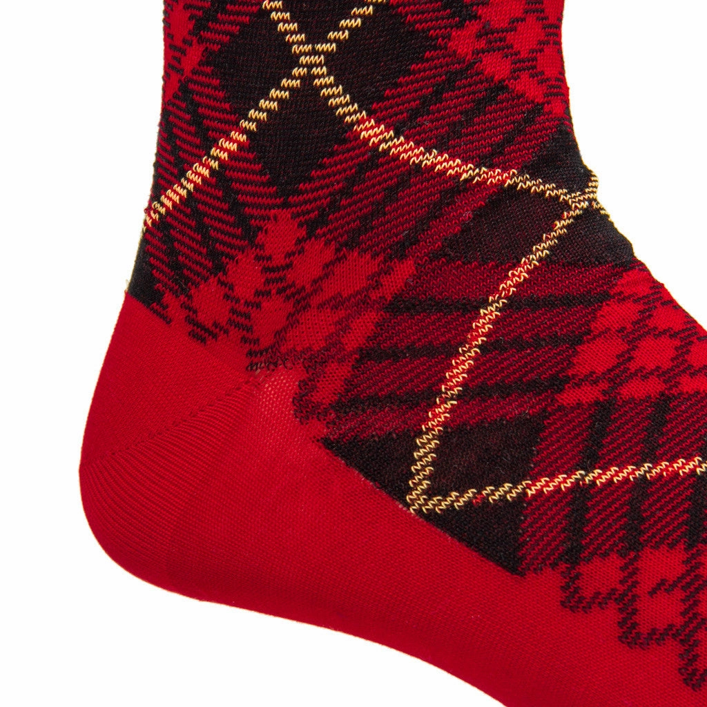 Red with Black and Yellow Tartan Cotton Sock Linked Toe Mid-Calf
