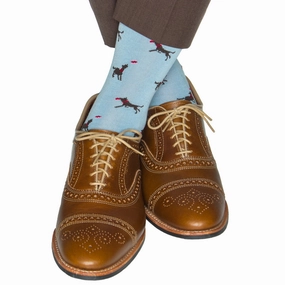 Sky Blue with Coffee Brown Dog Catching Red Frisbee Cotton Sock Linked Toe Mid-Calf