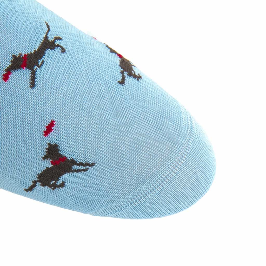 Sky Blue with Coffee Brown Dog Catching Red Frisbee Cotton Sock Linked Toe Mid-Calf