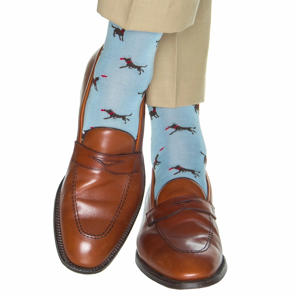 Sky Blue with Coffee Brown Dog Catching Red Frisbee Cotton Sock Linked Toe Mid-Calf