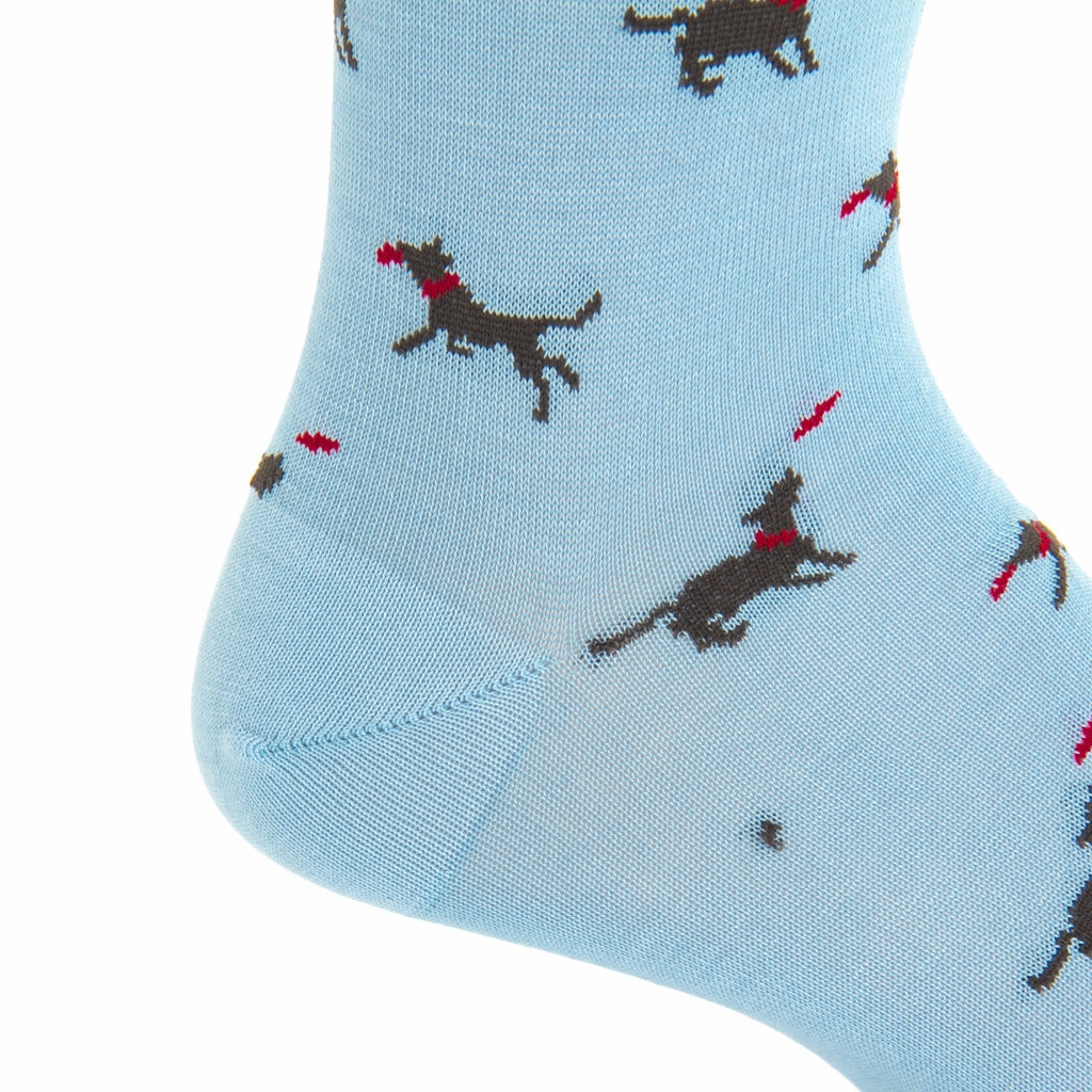 Sky Blue with Coffee Brown Dog Catching Red Frisbee Cotton Sock Linked Toe Mid-Calf
