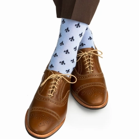 Sky Blue with Dress Navy Fleur De Lis Fine Merino Wool Sock Linked Toe Mid-Calf