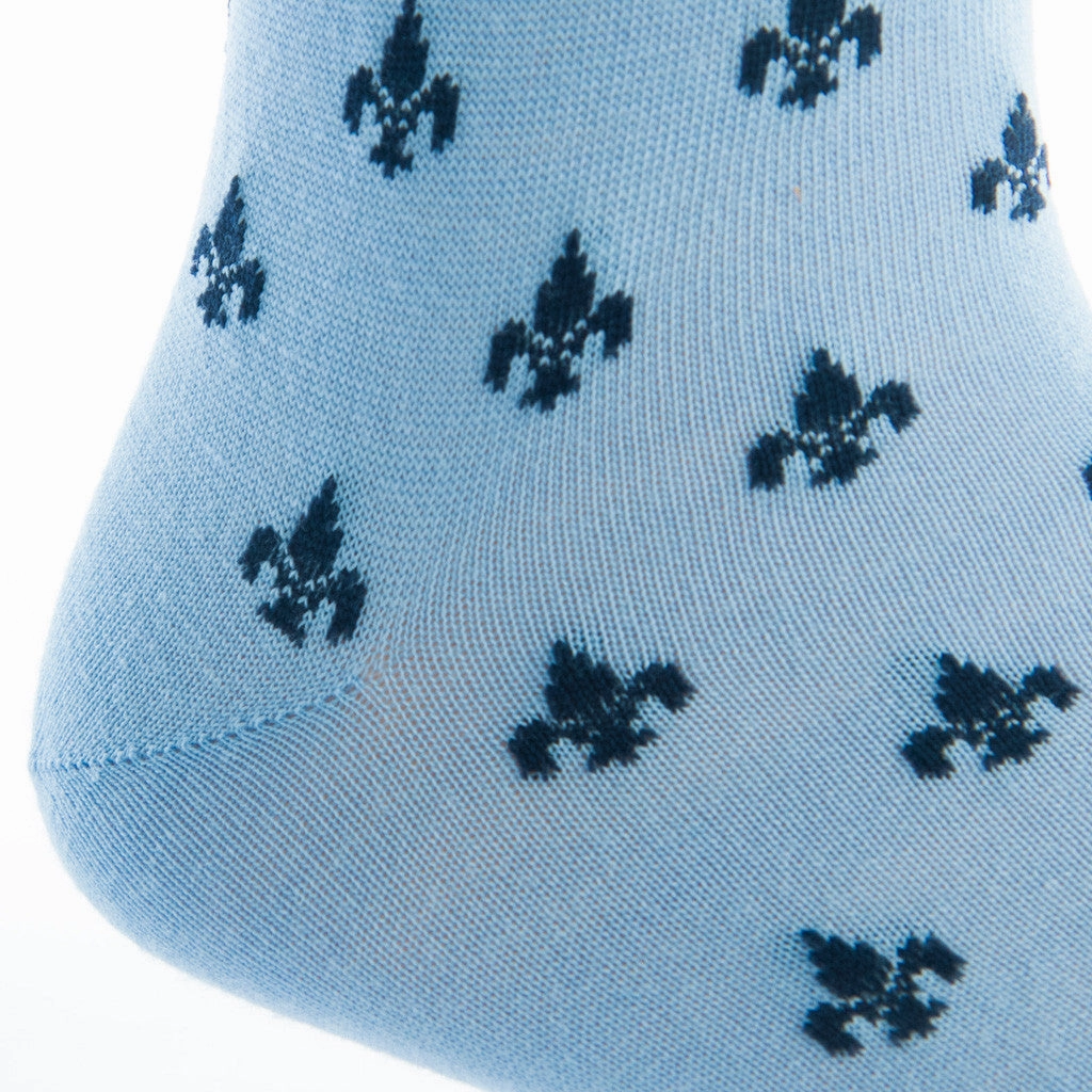 Sky Blue with Dress Navy Fleur De Lis Fine Merino Wool Sock Linked Toe Mid-Calf