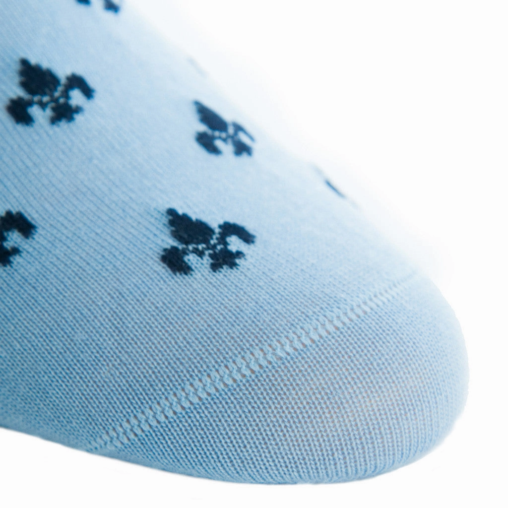 Sky Blue with Dress Navy Fleur De Lis Fine Merino Wool Sock Linked Toe Mid-Calf