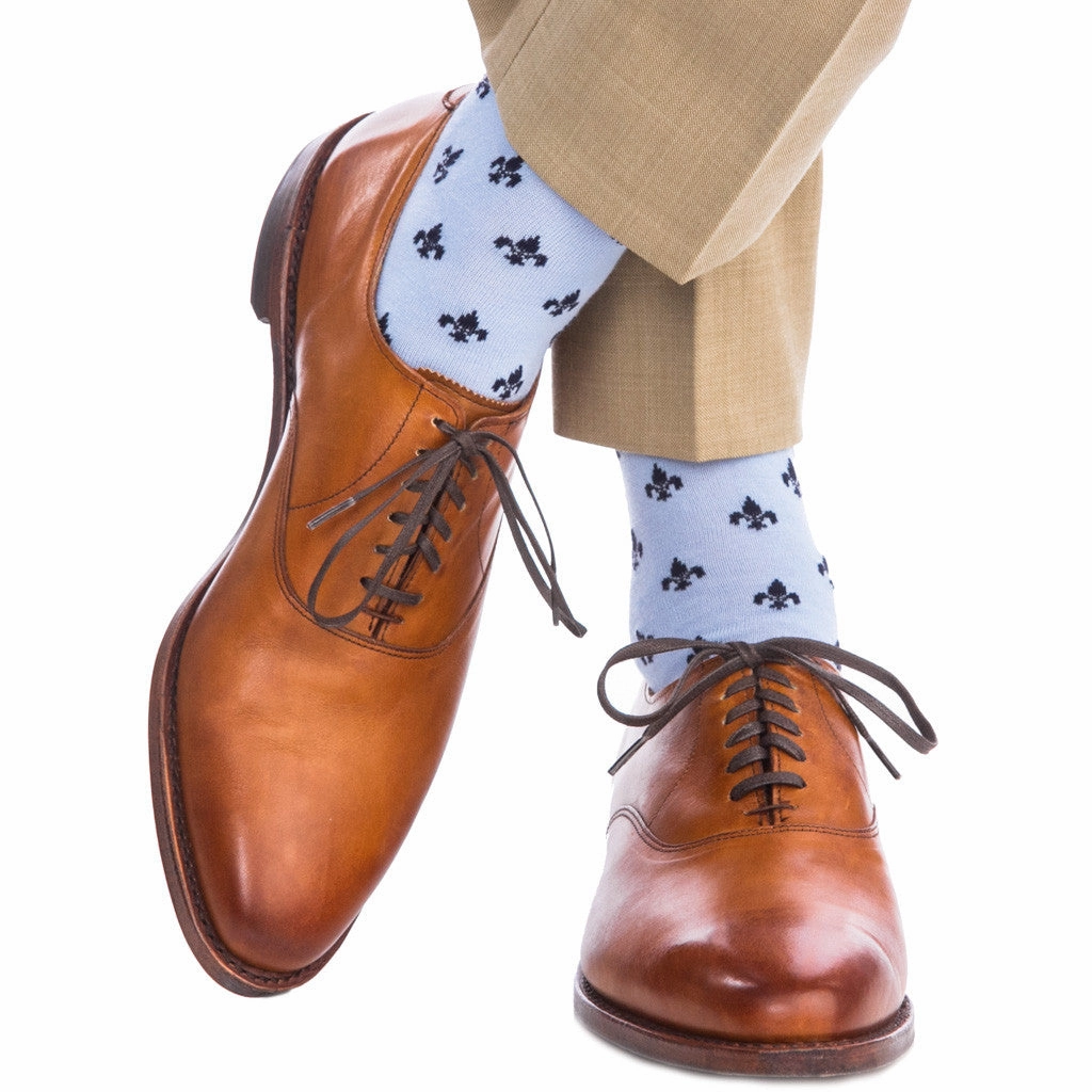 Sky Blue with Dress Navy Fleur De Lis Fine Merino Wool Sock Linked Toe Mid-Calf